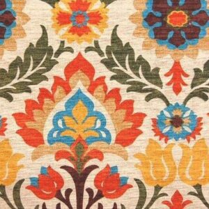 Colorful floral pattern on textured fabric with vibrant flowers and leaves.