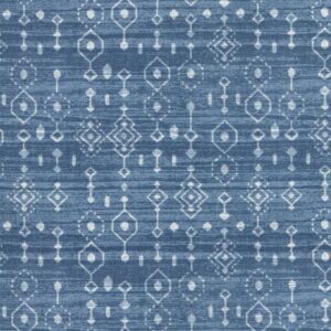 Blue fabric with white geometric tribal patterns.
