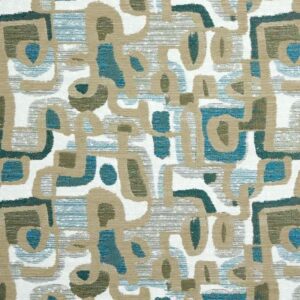 Abstract pattern with beige, teal, and white shapes and lines.